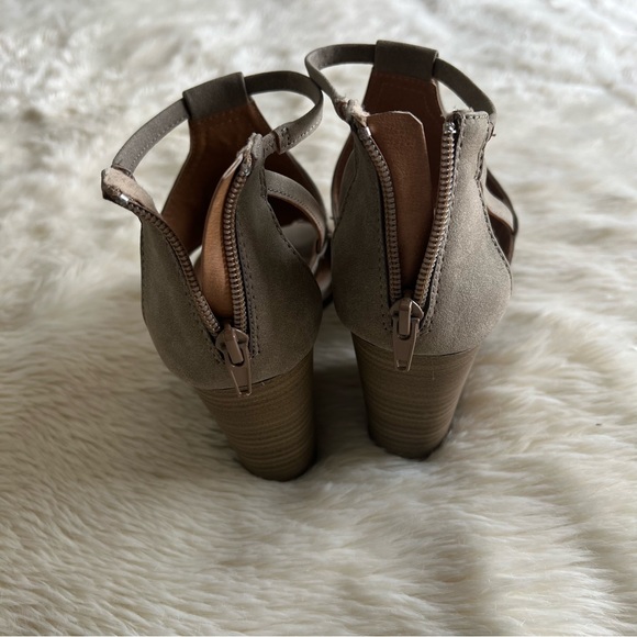 Taupe Embroidered Design Strappy Block Heals - Picture 6 of 9